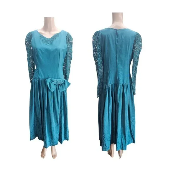 Vintage 80s Evening Dress Medium Teal Modest Full Skirt - Picture 1 of 7